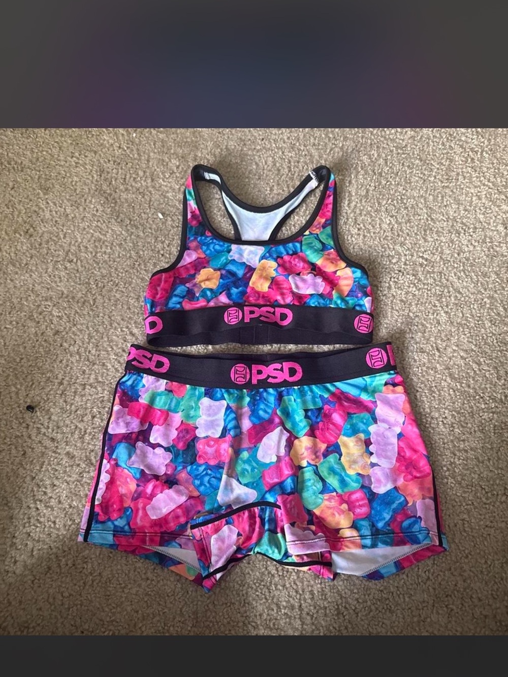 PSD Multicolor Gummy Bear Print Sports Bra and Shorts